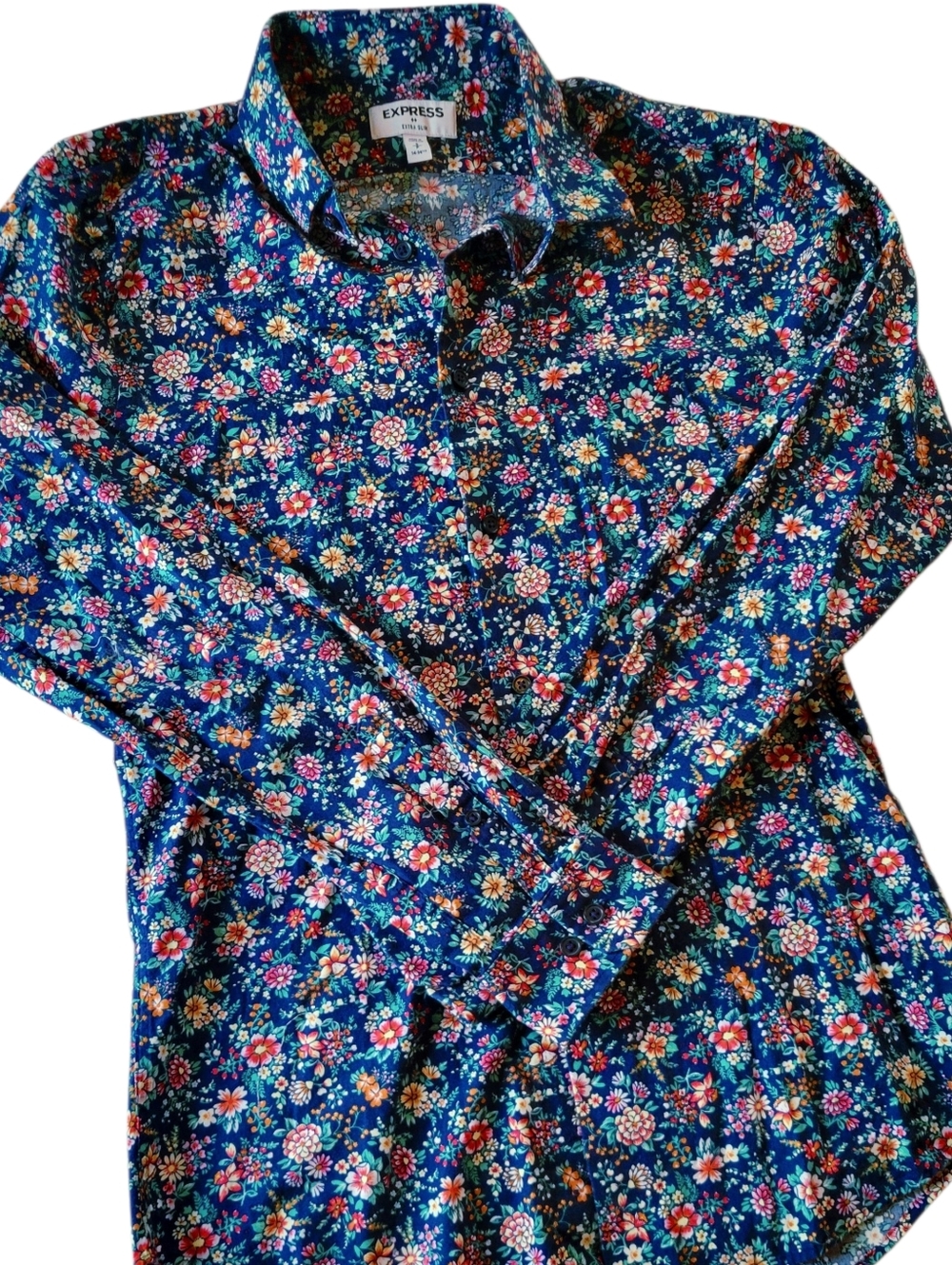 Express Blue Floral Extra Slim Button Down Shirt Size 14-14.5 100% Cotton